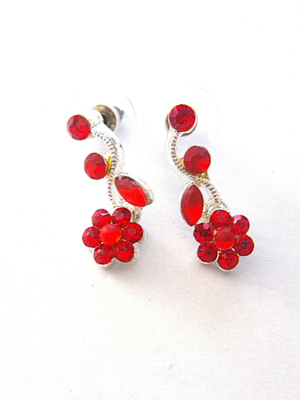 Red Rhinestone Floral Vine Earrings - New